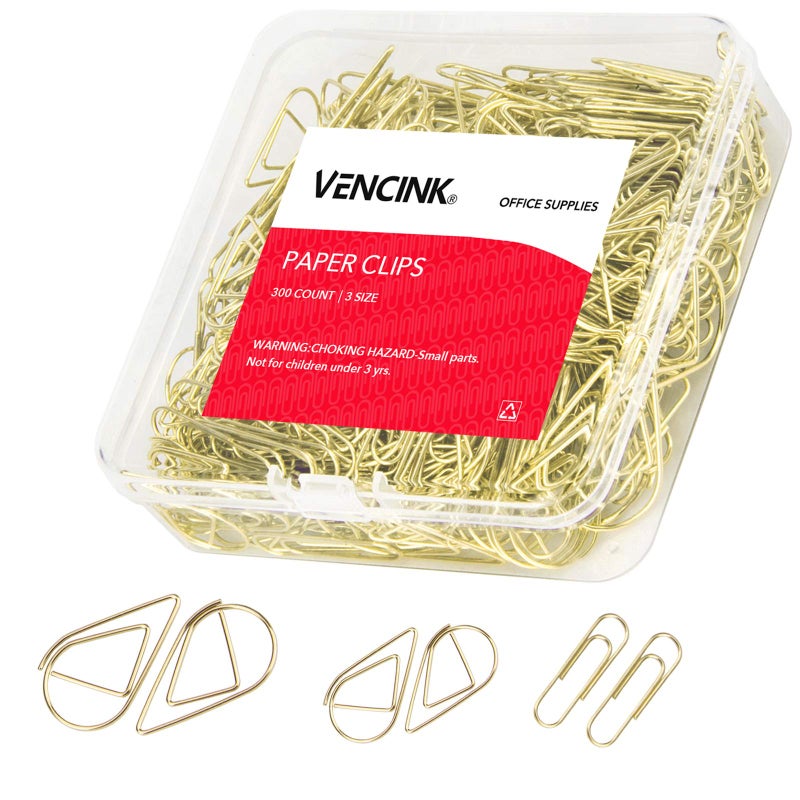 VENCINK 300 Pcs Cute Gold Paper Clips Assorted Sizes, Smooth Steel Wire Drop-Shaped Paperclips Large Medium and Small for Office Supplies School Student Girls Kids Women Wedding Decorative by VENCINK - Image 1